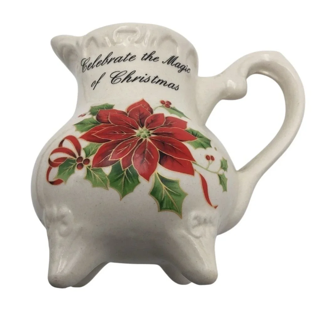 Vintage Christmas Poinsettia Ceramic Pitcher Vase Holiday‎ Decor